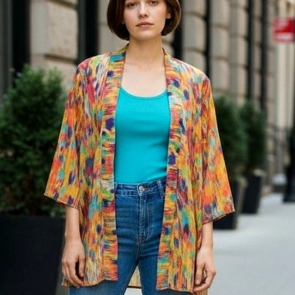 🎨 Abstract Kimono Cardigan 💫 🦚Sheer Open Front Multicolor | XS